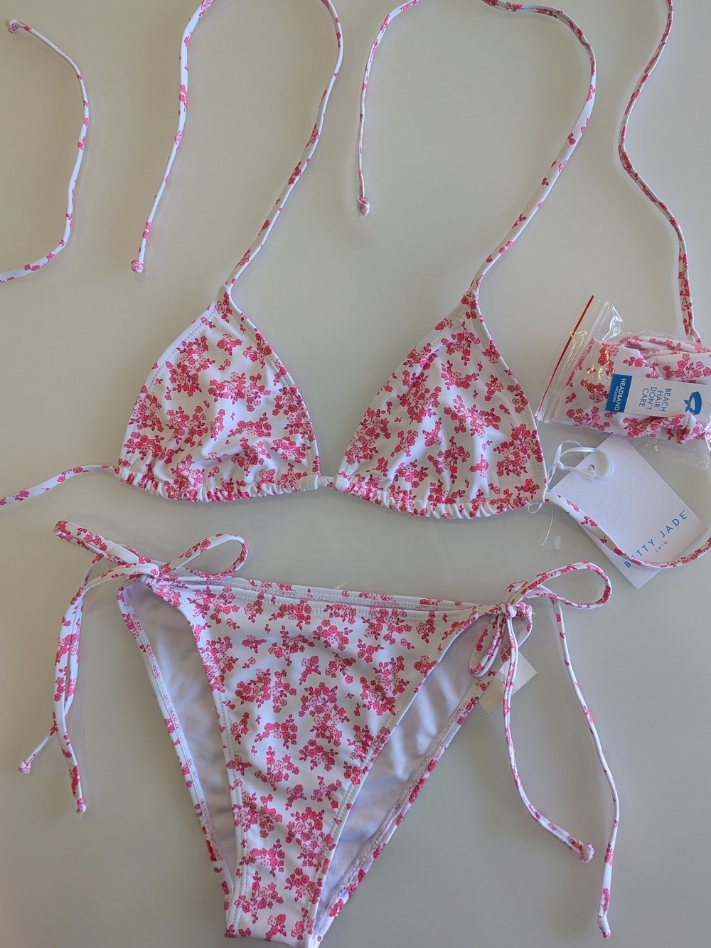 Floral Pink White String Bikini 3 Piece Set with Matching Headband New - Picture 4 of 11
